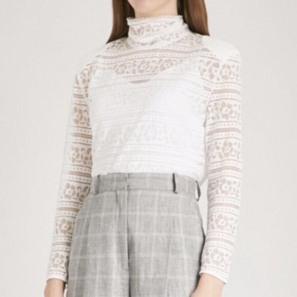 SANDRO HAMIA WHITE OPEN SHEER LACE MOCK NECK LONG SLEEVE SHOULDER PAD TOP - M - Picture 1 of 9